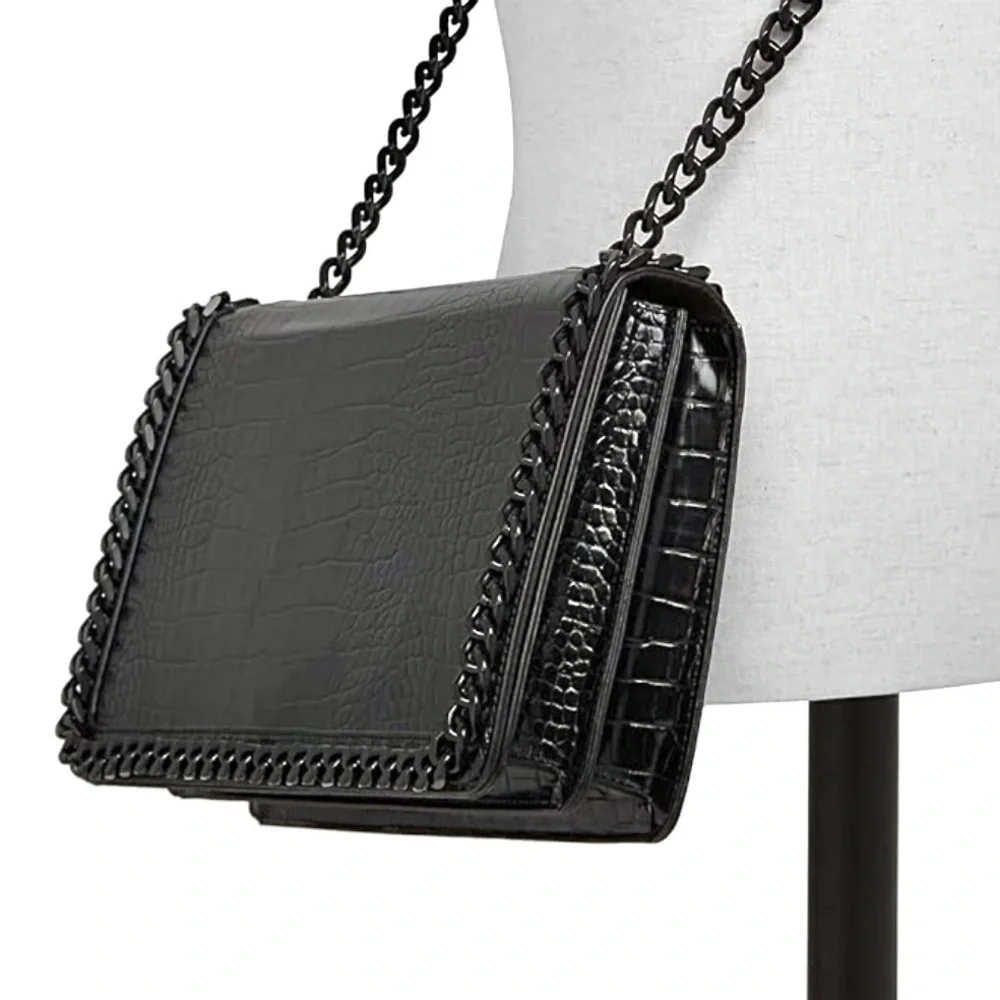 Aldo Black Crocodile Embossed Black Metal Chain Crossbody Bag and Handbag NWOT - Picture 2 of 11